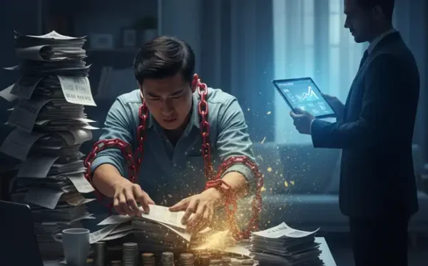 債務整合-低利率整合負債與卡債信貸方案推薦 債務整合概念圖。將多筆高利率信用卡循環、信貸負債,整合成一筆低利率單一月付金,減輕財務壓力。