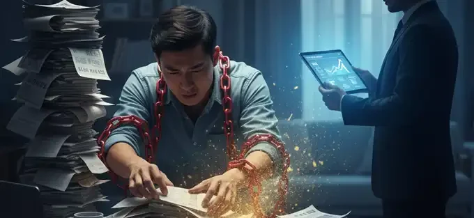 債務整合概念圖。將多筆高利率信用卡循環、信貸負債，整合成一筆低利率單一月付金，減輕財務壓力。