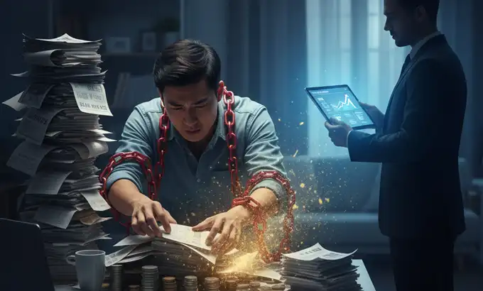 債務整合概念圖。將多筆高利率信用卡循環、信貸負債，整合成一筆低利率單一月付金，減輕財務壓力。